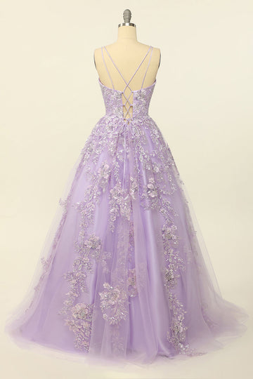 Lilla Spaghetti Straps Gallakjole Med Appliques